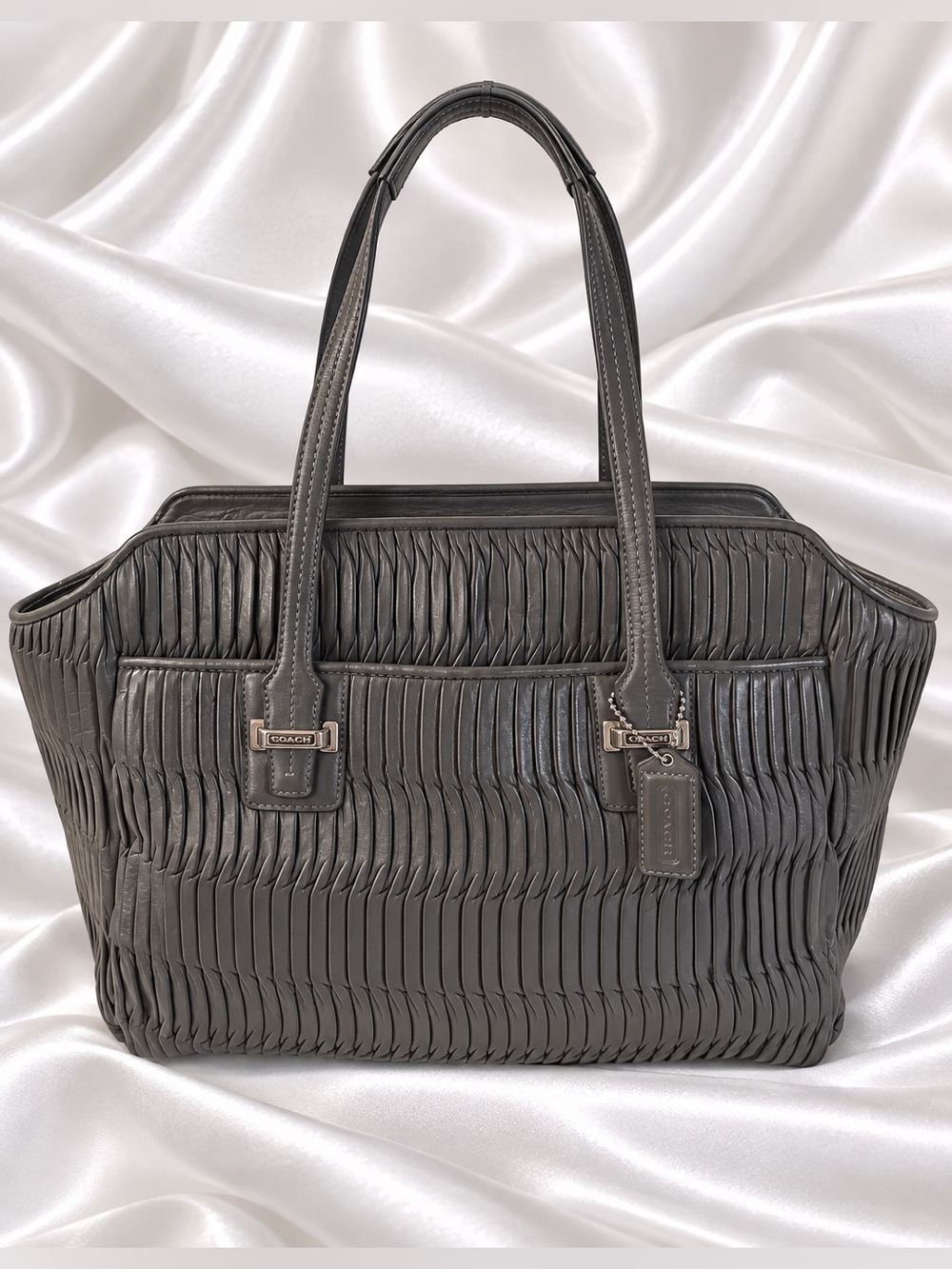 Coach Pleated Leather Tote Bag Dark Charcoal Gray Ruched Shoulder Bag